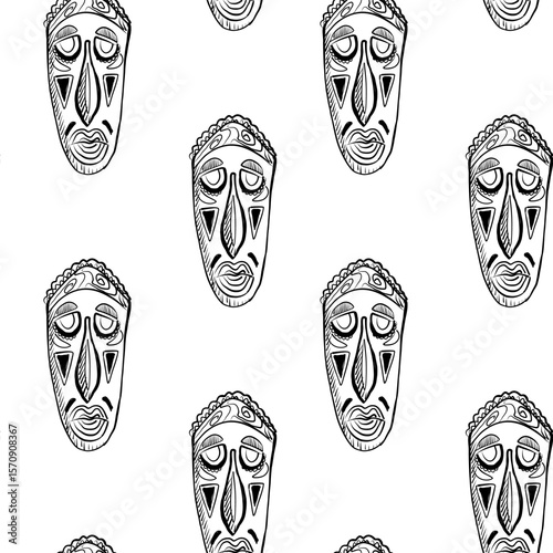Abstract illustrations of traditional masks arranged in a repetitive pattern on a minimalistic background