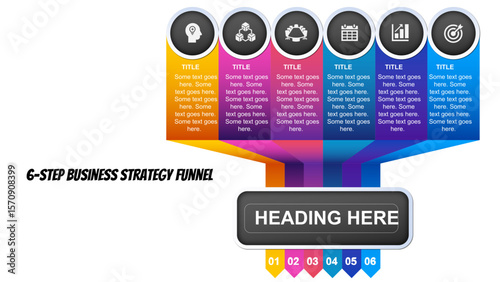 6 Step Vertical Funnel Infographic Diagram with Icons and Colorful Sections for Business Strategy, Process Flow, Timeline Presentation, PowerPoint, Marketing, Analysis, Report, Data Visualization
