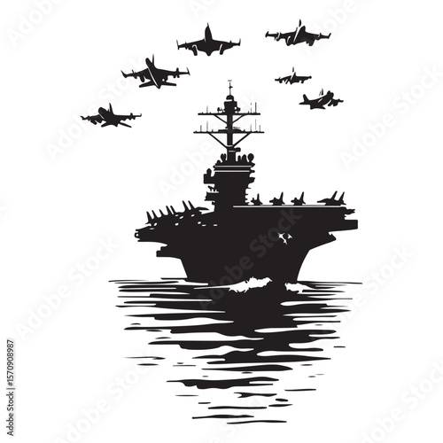 black aircraft carrier with jets on water clip art preview
