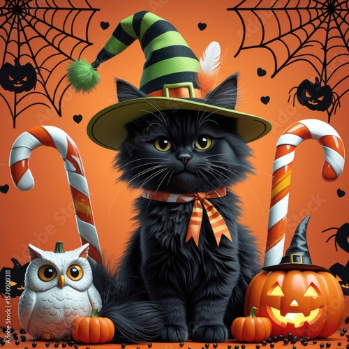Adorable Halloween Cat with Witch Hat, Candy, Pumpkins, and Owl