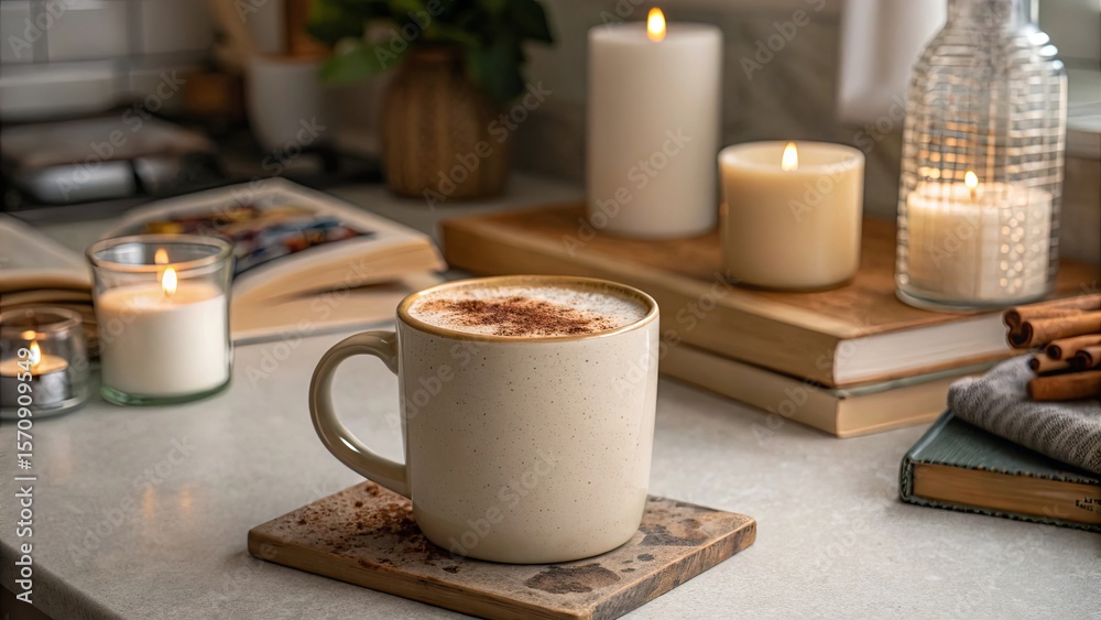 Obraz premium A cozy scene with a steaming mug of coffee, cinnamon sticks, and lit candles on a countertop.