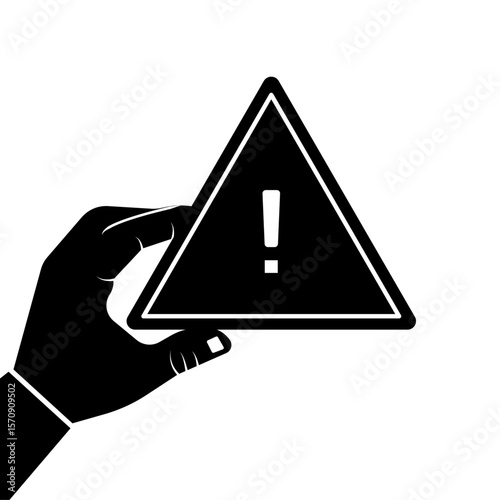 Warning Icon in Hand Pointing out – Triangle Exclamation Mark Alert Symbol. Vector illustration style concept