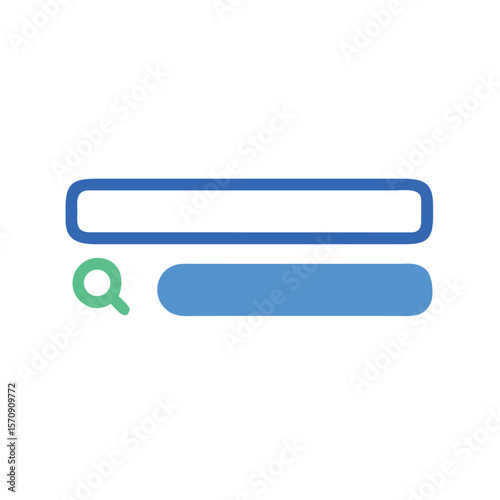 A blue search bar with a green magnifying glass isolated on white