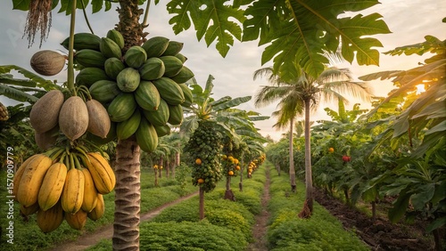 A lush papaya plantation showcasing various stages of fruit development under a bright sky.