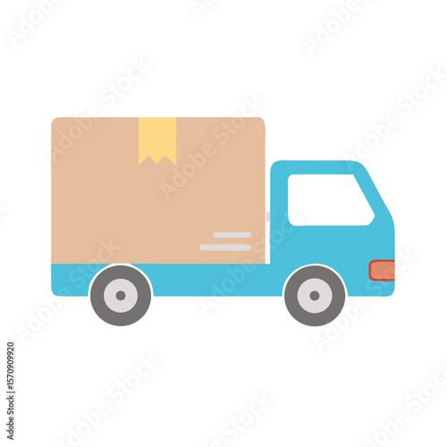 A blue delivery truck is carrying a package, isolated on white