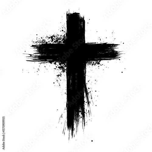 Grunge Black Cross Symbol on White Background, Abstract grunge cross painted in black ink with splatter effect, symbolizing faith, spirituality, and artistic expression 

