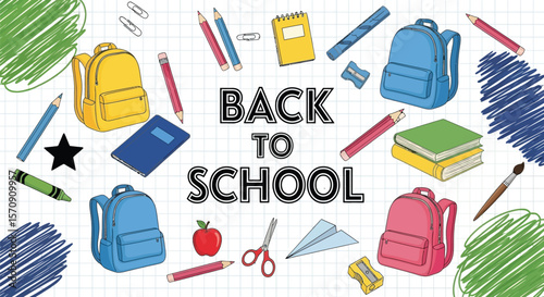 Back to school supplies background with backpacks pencils books and stationery for education concept design