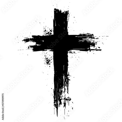 Grunge Black Cross Symbol on White Background, Abstract grunge cross painted in black ink with splatter effect, symbolizing faith, spirituality, and artistic expression 

