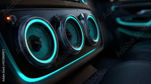 A D-rendered car audio system with multiple speaker units built into a sleek, modern car interior, illuminated by soft ambient lighting