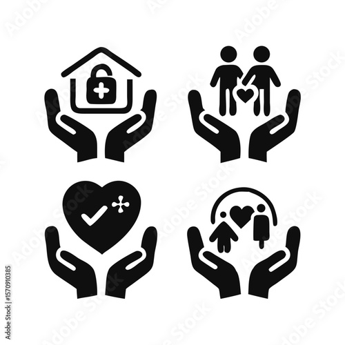 Comprehensive icon set featuring various symbols related to care support healthcare assistance and well being suitable for web design mobile applications and print materials promoting
