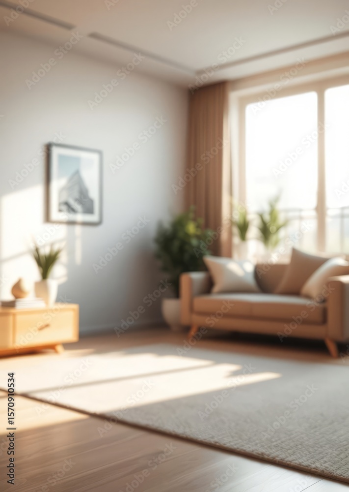 Fototapeta premium Blur living room at home with morning sunlight at big window for background usage blur interior background concept white britht tone : generative ai Empty room interior design Ultra realistic Photo