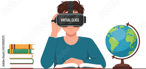 Virtual reality in education concept illustration of student with vr headset in virtual class learning