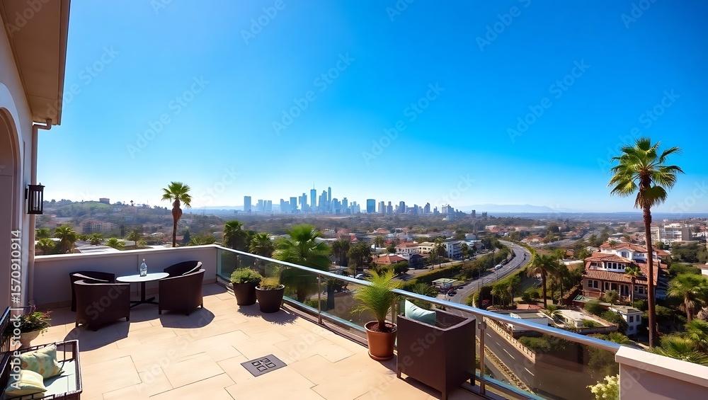 Fototapeta premium Beverly Hills luxury terrace, Los Angeles skyline view, palm trees, Hollywood glamour style