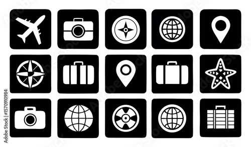 Modern Travel Icon Sets with Airplane, Map, Luggage, and Passport on White Background