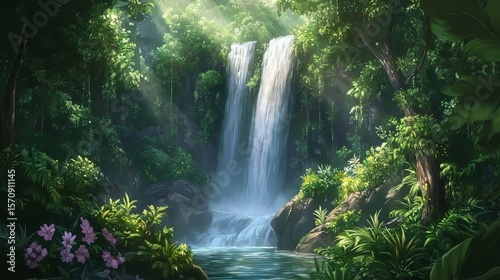 Beautiful waterfall in the forest surrounded by greenery