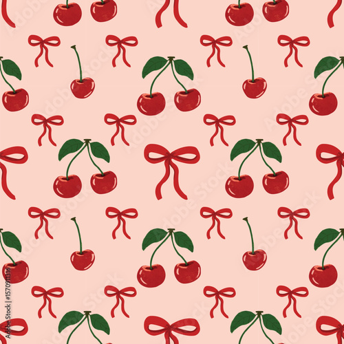 Seamless pattern with cherry and ribbon bow  on pink background vector illustration.