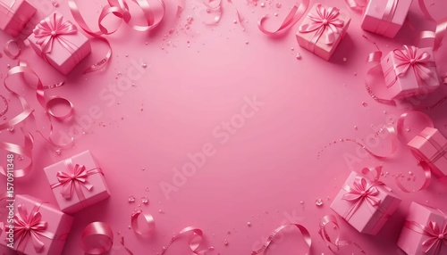 Bright pink birthday background with floating gift boxes and curling ribbons, clean copy space in center for text, festive layout.