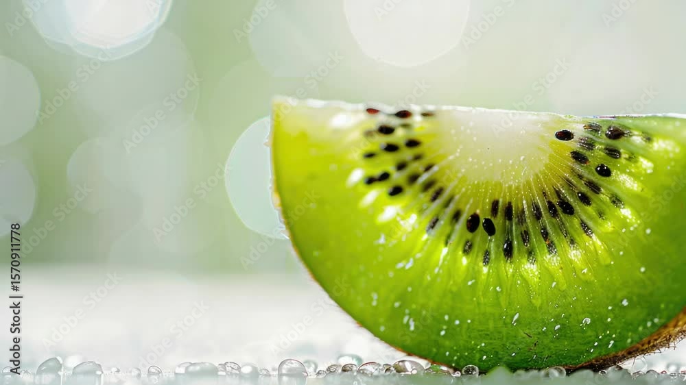 A slice of kiwi fruit sits on a table, ready to be eaten