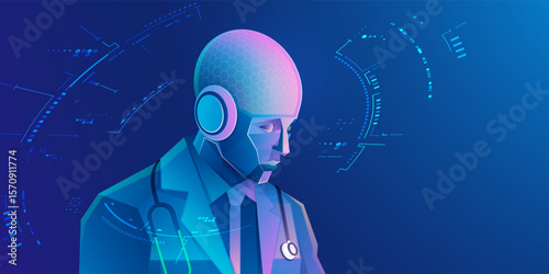 concept of medical technology or telemedicine, character design of  artificial intelligence doctor presented with cyberpunk style