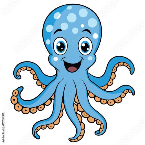 Cheerful blue cartoon octopus with spotted head and happy face on a white surface