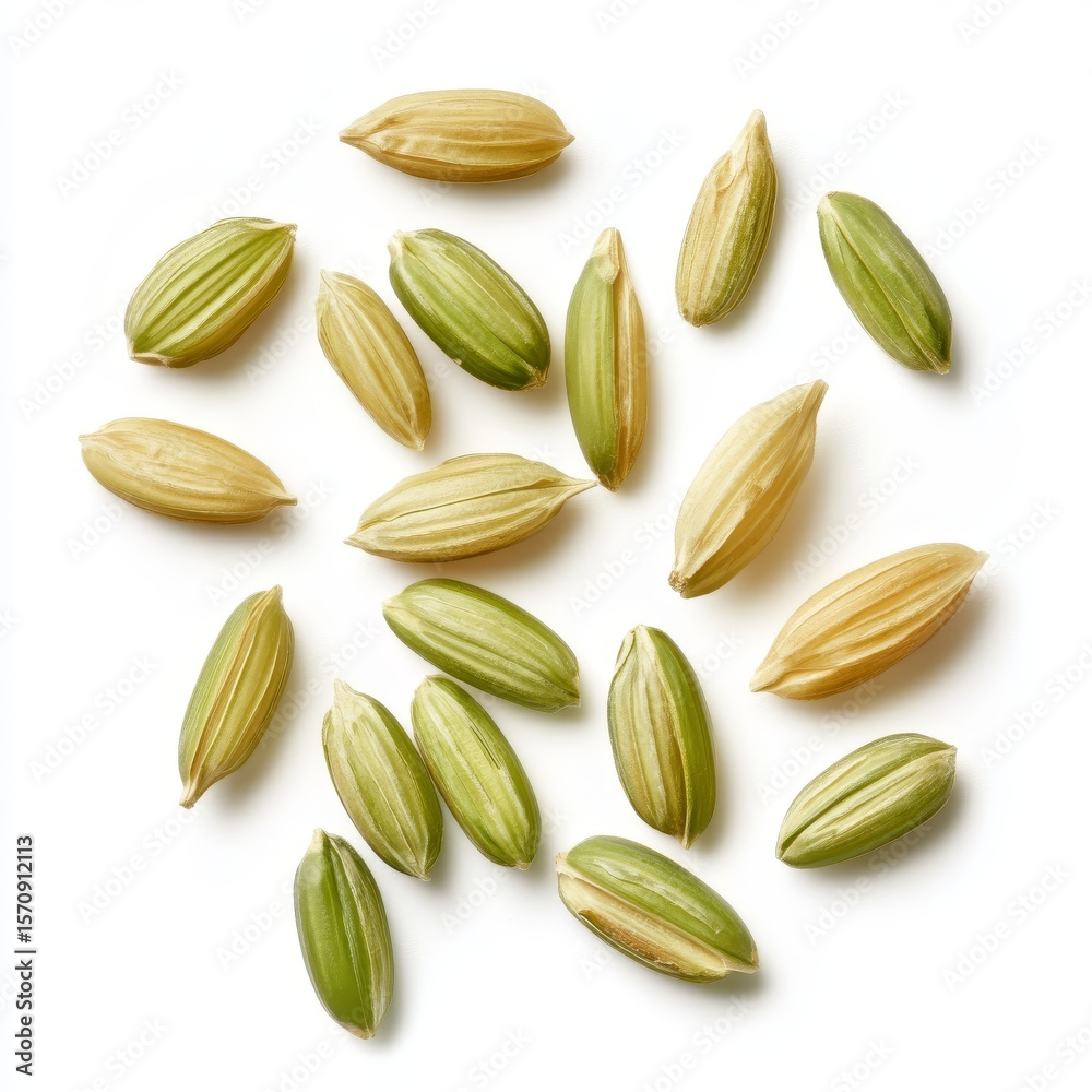 Obraz premium Brown rice, uncooked and hulled, isolated on white, top view.