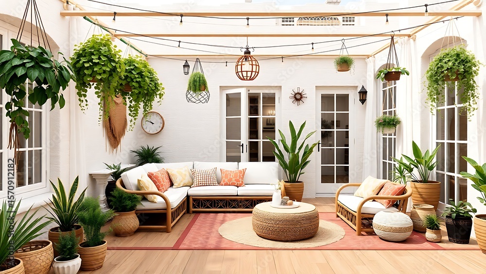 Fototapeta premium Bohemian style home terrace with hanging plants and cozy seating, ultra-detailed 3D render