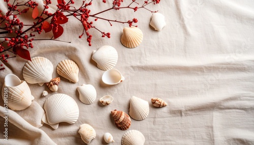 White sea shells and cockleshells on a sandy beach