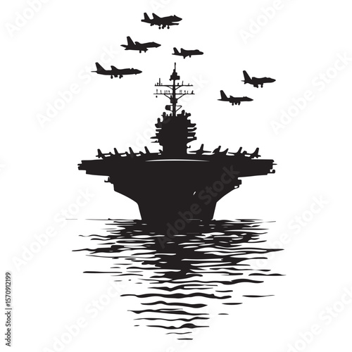 black aircraft carrier silhouette with jets clip art preview