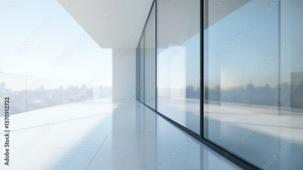 Modern glass building with city view, bright interior Modern glass building with city view, bright interior