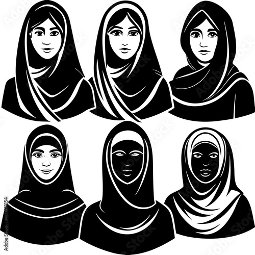 Muslim Woman in Hijab – Icon Collection Set (Vector Illustration)


