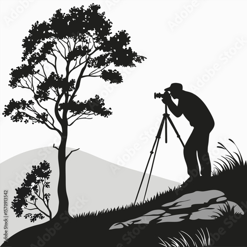 Silhouette of a photographer with tripod by a tree, capturing nature. Ideal for outdoor, adventure, or photography art. Bold, minimalist vector design on white
