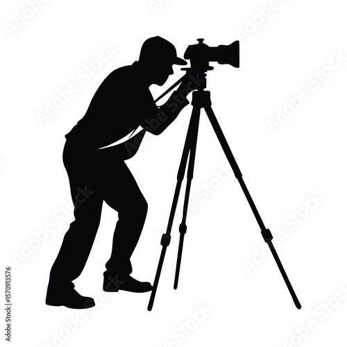 Silhouette of a photographer using a tripod-mounted camera. Ideal for photography art, outdoor themes, or creative designs. Bold, minimalist black vector illustration