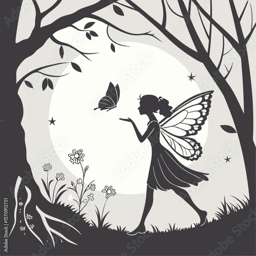 Silhouette of a fairy with butterfly wings in a moonlit forest, surrounded by flowers and trees. Perfect for fantasy, nature, and magical-themed designs
