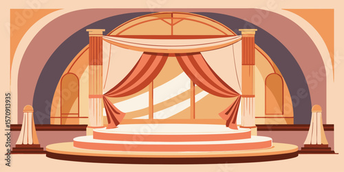 Ornate stage with draped fabric and tiered platform