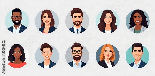 Diverse cartoon portraits of men and women in business attire diverse people