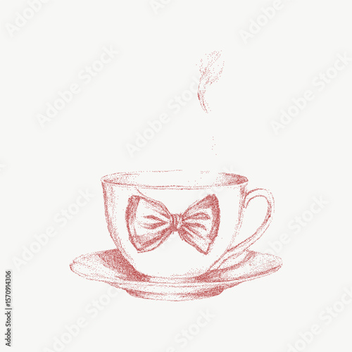 Romantic tea time illustration of ornate cup with ribbon and floral etching. Stipple shading with gritty halftone effect, vintage retro pop art elegance.
