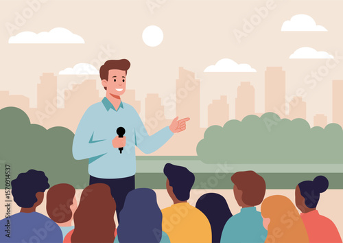 A man speaks into a microphone addressing an outdoor audience. Public speaking at a community gathering or volunteer event for social outreach and education.