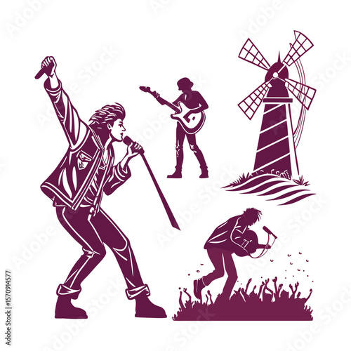 Dynamic vector illustration featuring rock musicians performing on stage with a windmill backdrop. Perfect for music, concert, or cultural designs. High-quality silhouette art