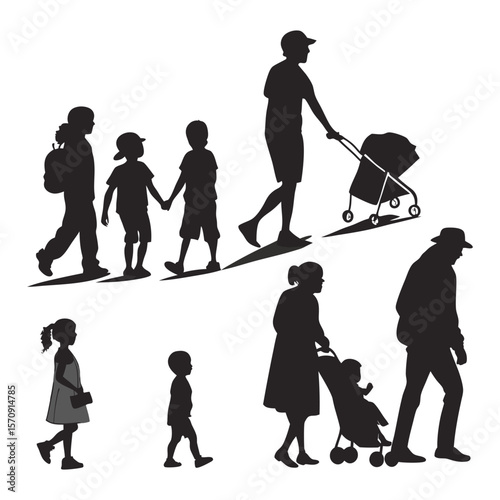 Silhouette vector of family walking with strollers, kids, and adults. Ideal for parenting, community, or lifestyle designs. Simple, versatile, and modern black outline art