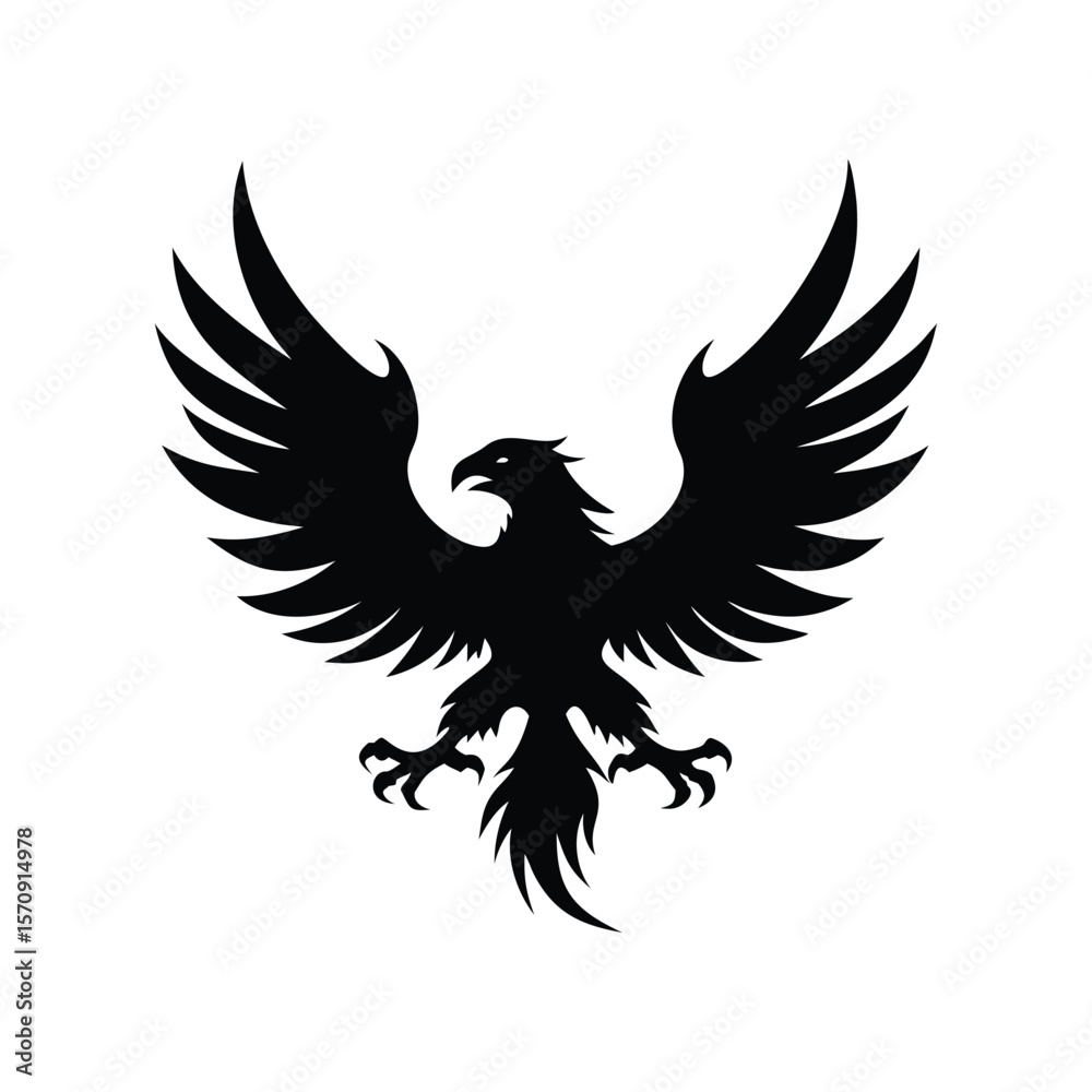 Fototapeta premium Striking eagle silhouette with spread wings, ideal for logos, wildlife art, or tribal designs. Bold, powerful, and versatile vector illustration in black