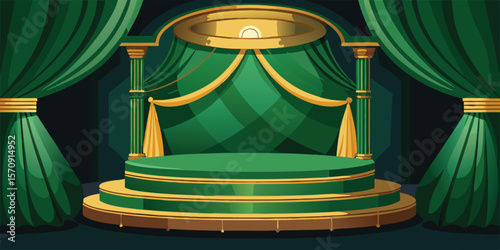 Ornate stage with green curtains and golden accents