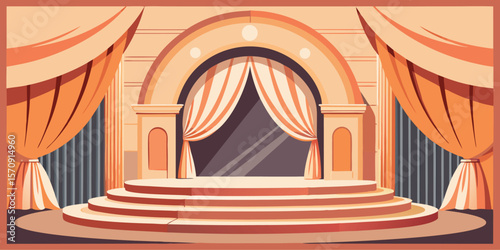 Ornate stage with tiered platform and draped curtains