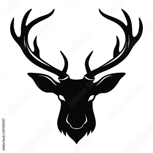 Elegant deer head silhouette with antlers, perfect for wildlife art, logos, or rustic decor. Bold, minimalist, and versatile black vector design on white