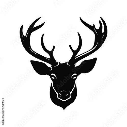 Striking deer head silhouette with antlers, perfect for wildlife art, logos, or rustic decor. Bold, elegant, and versatile black vector design on white