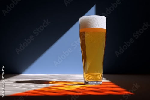 A tall glass of golden beer with a frothy white head sits on a surface, illuminated by dramatic lighting, casting shadows in a geometric pattern.