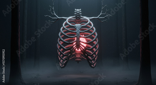 A mythical forest spirit's rib cage with antlers and a glowing red heart floats in a dark, snowy wood. Surreal folk horror concept of a pagan deity or nature god. Powerful and moody photo