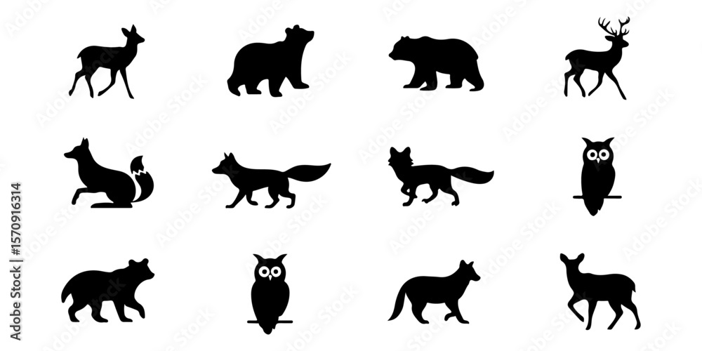 Obraz premium Wildlife animal icon set, includes deer, bear, fox, wolf, owl. Created in black silhouette style.