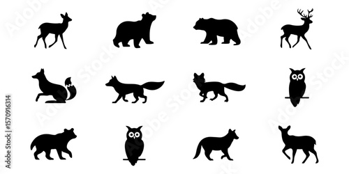 Forest Animals Deer, Bears, Foxes, Owls, and More - Silhouette Icons Collection, Wildlife Vectors