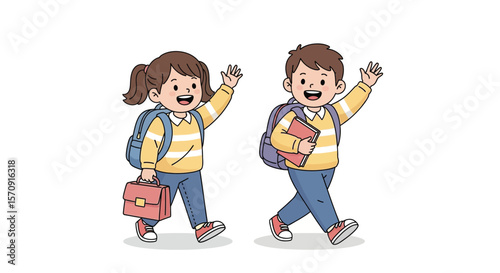 Cartoon school kids waving goodbye illustration back to school children education vector drawing design art