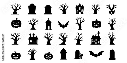 Spooky Halloween Icons Haunted House, Scary Trees, Jack-o'-Lanterns, Bats, and Tombstones Collection for Autumn Holiday Design
